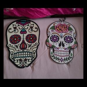 2 Hanging Colorful Sugar Skull Wall Decor